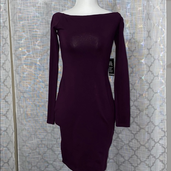 EXPRESS Off the Shoulder Long Sleeve Purple Dress - Picture 2 of 6